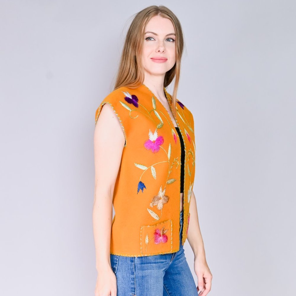 VINTAGE Embroidered Floral Pumpkin Color Felt Vest - Picture 3 of 12